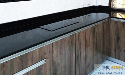 ชุดครัว Built-in โครงซีเมนต์บอร์ด หน้าบาน Melamine สี Woodland Oak + ELM