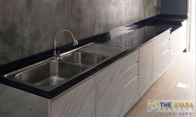ชุดครัว Built-in โครงซีเมนต์บอร์ด หน้าบาน Melamine สี Mable ลายหินอ่อน