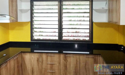 ชุดครัว Built-in โครงซีเมนต์บอร์ด หน้าบาน Melamine สี Maple