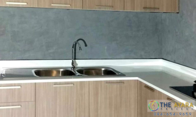 ชุดครัว Built-in โครงซีเมนต์บอร์ด หน้าบาน Laminate สี Olive Afromosia