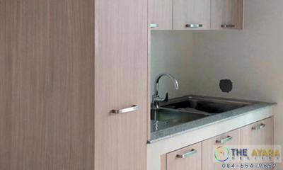 ชุดครัว Built-in โครงซีเมนต์บอร์ด หน้าบาน Laminate สี Blond Afromosia ลายไม้