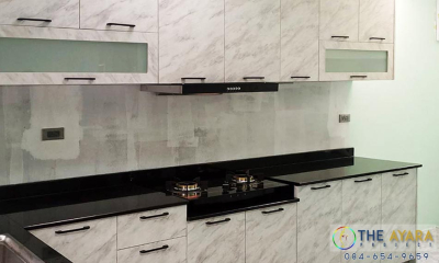 ชุดครัว Built-in โครงซีเมนต์บอร์ด หน้าบาน Melamine สี Mable