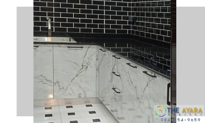 ชุดครัว Built-in โครงซีเมนต์บอร์ด หน้าบาน Laminate สีลายหินอ่อน