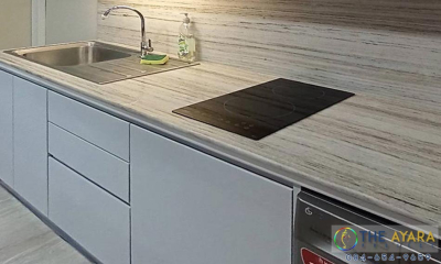 ชุดครัว Built-in โครงซีเมนต์บอร์ด หน้าบาน Melamine สีเทา