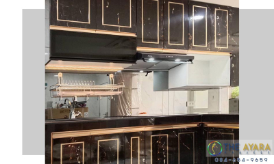 ชุดครัว Built-in โครงซีเมนต์บอร์ด หน้าบาน Laminate สี Black Paladina