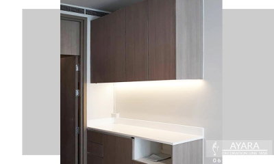 ชุดครัว Built-in โครงซีเมนต์บอร์ด หน้าบาน Melamine สี Laredo Oak ลายไม้