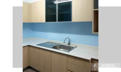 ชุดครัว Built-in โครงซีเมนต์บอร์ด หน้าบาน Laminate สี Natural Ash