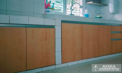 ชุดครัว Built-in โครงซีเมนต์บอร์ด หน้าบาน Laminate สี Hill Top Maple