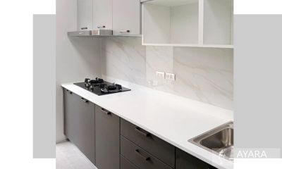 ชุดครัว Built-in โครงซีเมนต์บอร์ด หน้าบาน PVC สีเทาเข้ม + เทาอ่อน