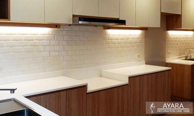 ชุดครัว Built-in โครงซีเมนต์บอร์ด หน้าบาน Melamine สี ES 5064-17 + ES 4001-11
