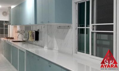 ชุดครัว Built-in โครงซีเมนต์บอร์ด หน้าบาน PVC สีเขียว