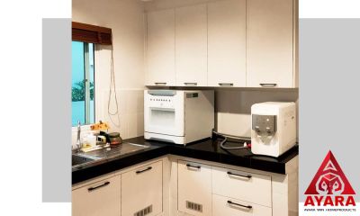 ชุดครัว Built-in โครงซีเมนต์บอร์ด หน้าบาน Melamine สี White Oak