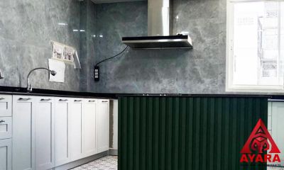 ชุดครัว Built-in โครงซีเมนต์บอร์ด หน้าบาน Laminate สีเทา + เขียว