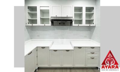 ชุดครัว Built-in ตู้ล่าง โครงซีเมนต์บอร์ด หน้าบาน Plaswood พ่นสีเบจด้าน