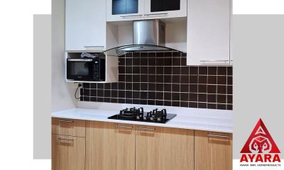 ชุดครัว Built-in โครงซีเมนต์บอร์ด หน้าบาน Melamine สี Smoothy Ash ลายไม้