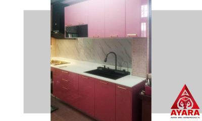 ชุดครัว Built-in โครงซีเมนต์บอร์ด หน้าบาน Hi Gloss สีชมพูเงา