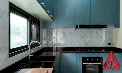 ชุดครัว Built-in โครงซีเมนต์บอร์ด หน้าบาน Melamine สีฟ้า