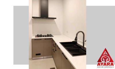 ชุดครัว Built-in โครงซีเมนต์บอร์ด หน้าบาน Melamine สีครีม