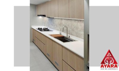 ชุดครัว Built-in โครงซีเมนต์บอร์ด หน้าบาน Melamine สีลายไม้