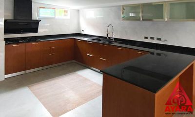 ชุดครัว Built-in โครงซีเมนต์บอร์ด หน้าบาน Laminate สี Bavarian Beach
