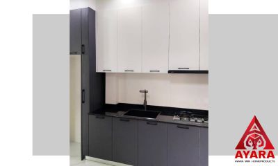 ชุดครัว Built-in โครงซีเมนต์บอร์ด หน้าบาน Melamine สีเทา + ขาว