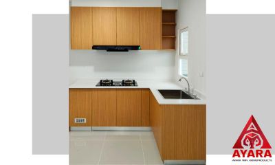 ชุดครัว Built-in โครงซีเมนต์บอร์ด หน้าบาน Melamine สีลายไม้