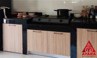 ชุดครัว Built-in โครงซีเมนต์บอร์ด หน้าบาน Melamine 5017-17 สีลายไม้