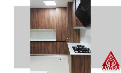 ชุดครัว Built-in โครงซีเมนต์บอร์ด หน้าบาน Melamine สี 5065-12 สีลายไม้