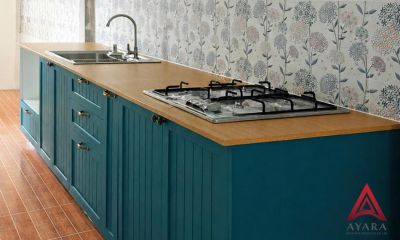 ชุดครัว Built-in โครงซีเมนต์บอร์ด หน้าบาน PVC สีฟ้าพาสเทล