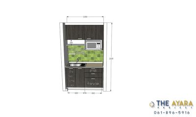 ชุดครัว Built-in โครงซีเมนต์บอร์ด หน้าบาน PVC ลายไม้แนวตั้ง