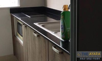 ชุดครัว Built-in โครงซีเมนต์บอร์ด หน้าบาน Melamine สี Walnut