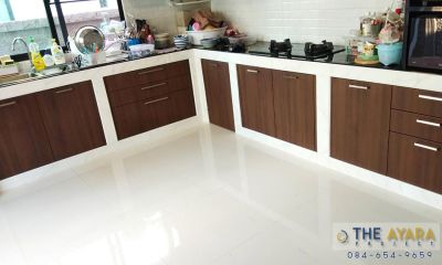 ชุดครัว Built-in โครงซีเมนต์บอร์ด หน้าบาน Laminate สี Noce Orvieto