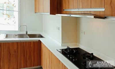ชุดครัว Built-in โครงซีเมนต์บอร์ด หน้าบาน Laminate สี Classic Walnut