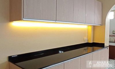 ชุดครัว Built-in โครงซีเมนต์บอร์ด หน้าบาน Laminate สี Vicuna Graceful Oak