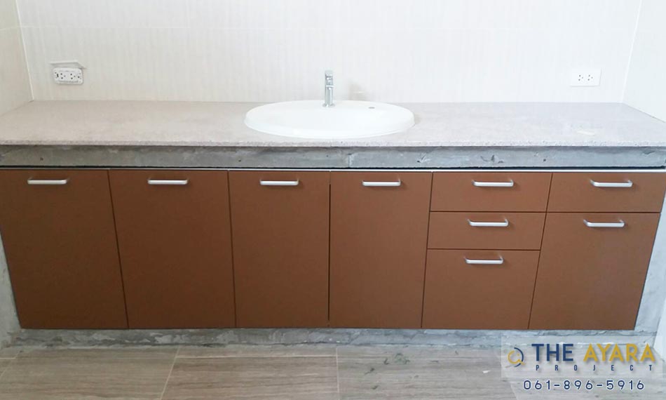 ชุดครัว Built-in โครงซีเมนต์บอร์ด หน้าบาน Laminate สี Patina