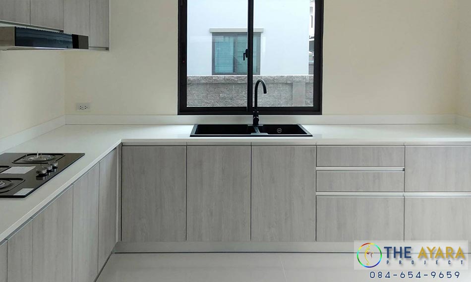 ชุดครัว Built-in โครงซีเมนต์บอร์ด หน้าบาน Melamine สี Oak