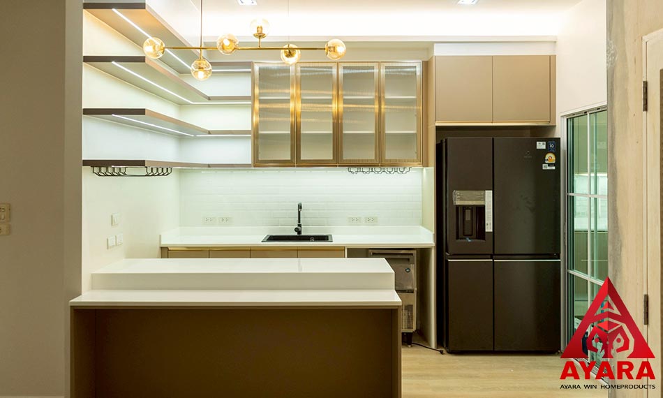 เคาน์เตอร์ Counter โครงซีเมนต์บอร์ด Wood Spray พ่นสีน้ำตาลอ่อนด้าน