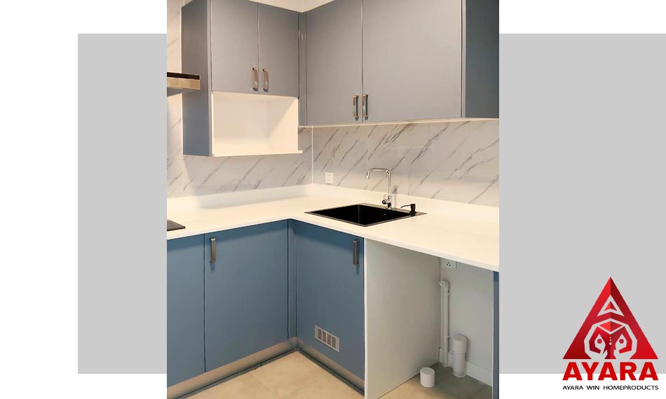 ชุดครัว Built-in โครงซีเมนต์บอร์ด หน้าบาน Melamine สีฟ้า