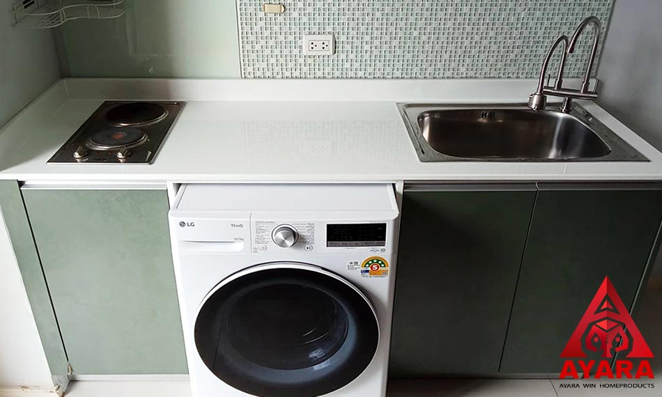ชุดครัว Built-in โครงซีเมนต์บอร์ด หน้าบาน Melamine สีเขียว