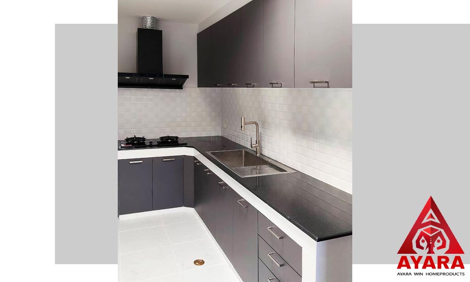 ชุดครัว Built-in โครงซีเมนต์บอร์ด หน้าบาน Melamine สีเทา
