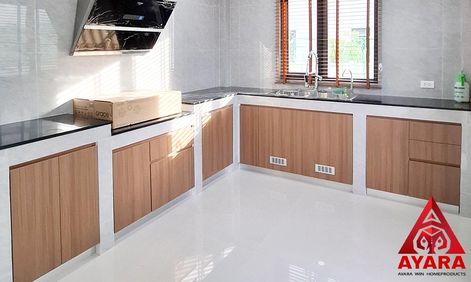 ชุดครัว Built-in โครงซีเมนต์บอร์ด หน้าบาน Melamine สี 5051-17 | ครัวบิวท์อินทัน