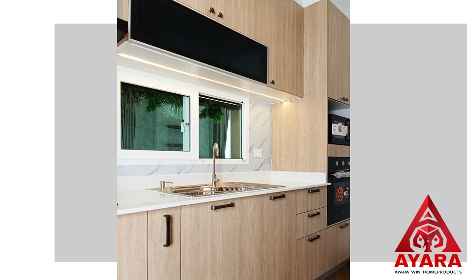 ชุดครัว Built-in โครงซีเมนต์บอร์ด หน้าบาน Melamine 5061-11 สีลายก้างปลา | ครัวบิวท์อิน