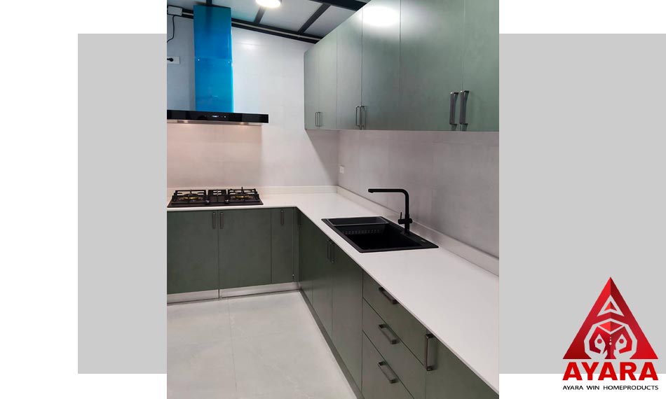 ชุดครัว Built-in โครงซีเมนต์บอร์ด หน้าบาน Melamine สีเขียว | ครัวบิวท์อินกันน้ำกันปลวก