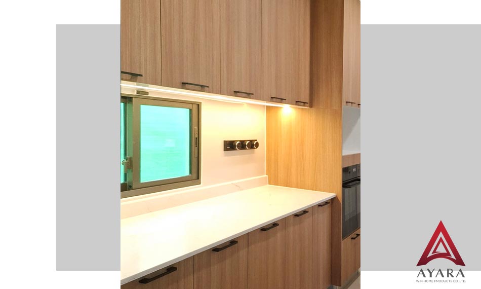 ชุดครัว Built-in โครงซีเมนต์บอร์ด หน้าบาน Laminate สี Costa Nogal | ไอยรา วินท์ โฮมโปรดักส์