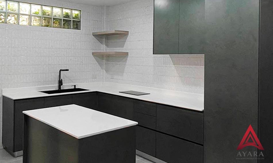 ชุดครัว Built-in หน้าบาน Melamine สีเขียว | ครัวบิ้วอินโครงซีเมนต์บอร์ด กันน้ำ กันปลวก | Ayara
