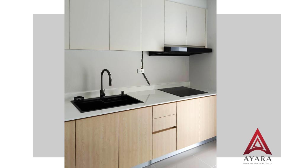 ชุดครัว Built-in หน้าบาน Melamine สี TNK 5006-12 + TNK 4002-11 | โครงซีเมนต์บอร์ด | Ayara