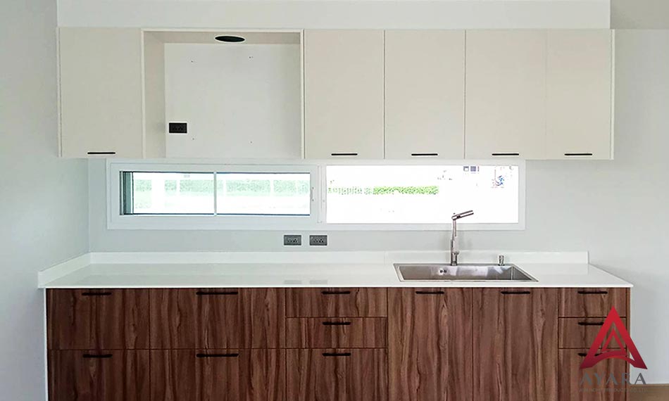 ชุดครัว Built-in หน้าบาน Melamine สี TNK 5065-12 ลายไม้ + ครีม | โครงซีเมนต์บอร์ด | Ayara